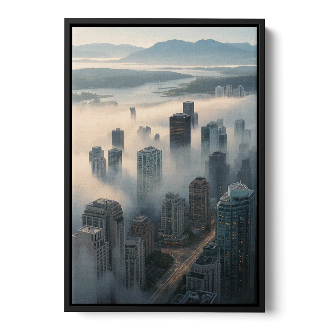 Vancouver Foggy Skyline Front - Black Canvas Wall Art