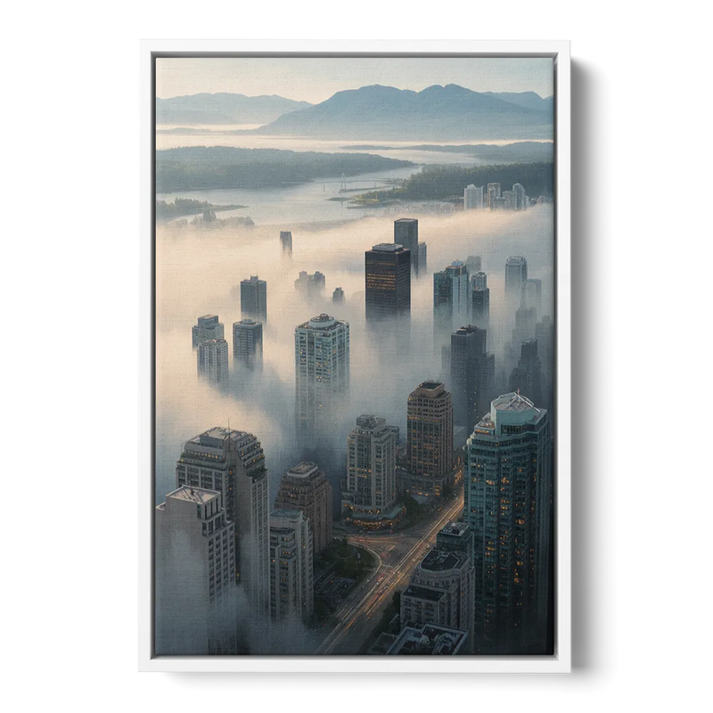 Vancouver Foggy Skyline Front - White Canvas Wall Art