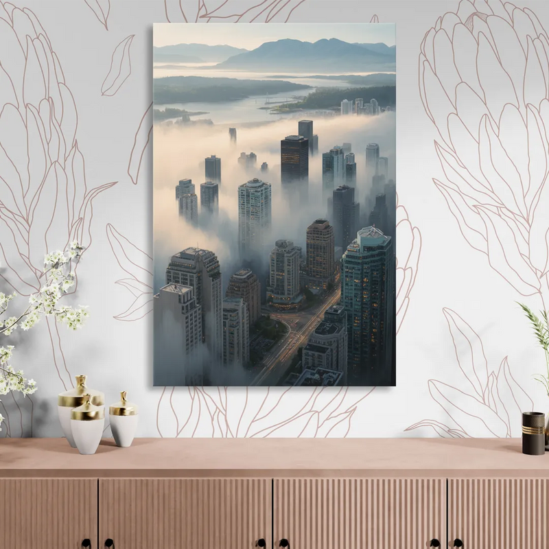 Vancouver Foggy Skyline Living Room - Canvas Wall Art