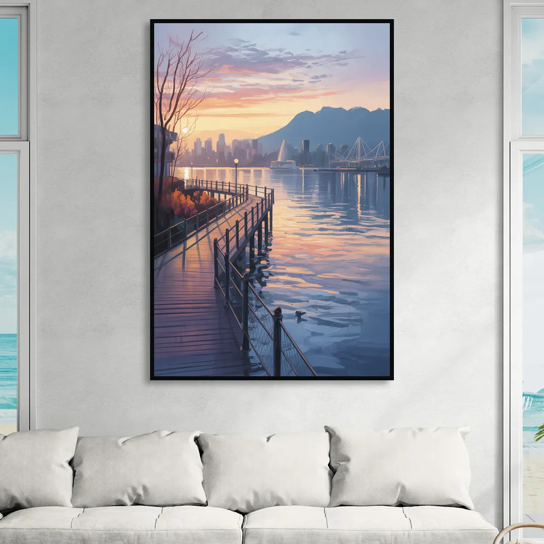 Vancouver Harbor Sunrise Sitting Room - Black Canvas Wall Art