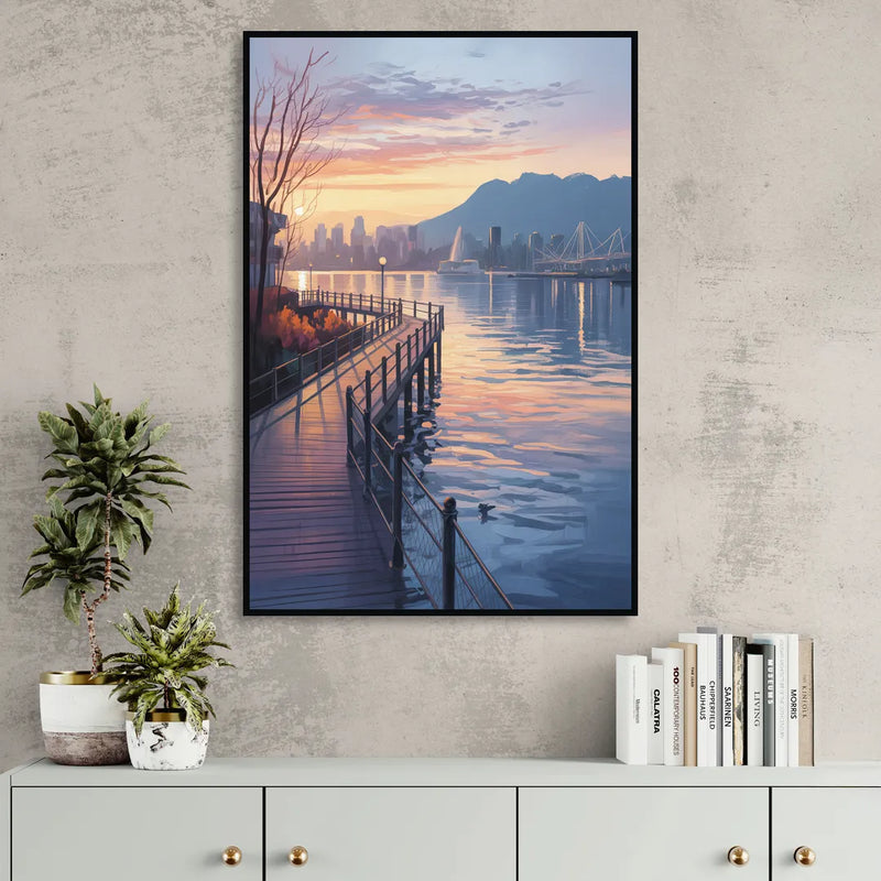Vancouver Harbor Sunrise Living Room - Black Canvas Wall Art