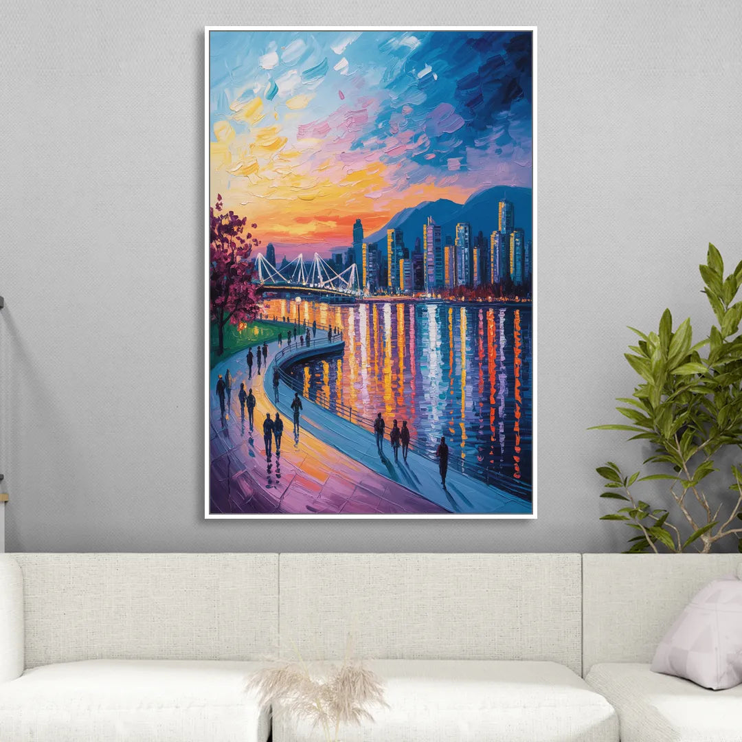 Vancouver Skyline at Dusk Sitting Room - White Canvas Wall Art