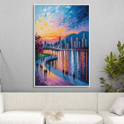 Vancouver Skyline at Dusk Sitting Room - White Canvas Wall Art
