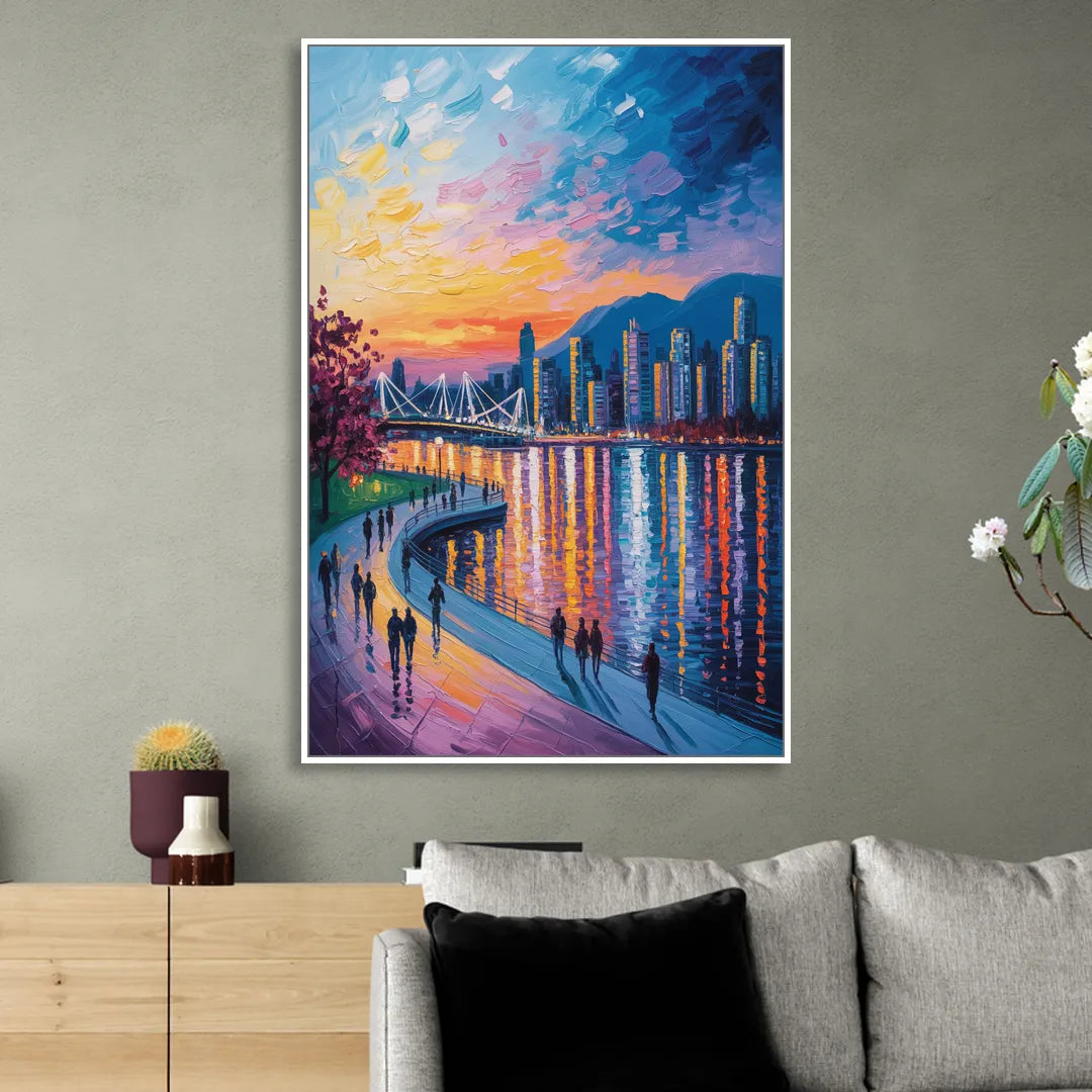 Vancouver Skyline at Dusk Living Room - White Canvas Wall Art