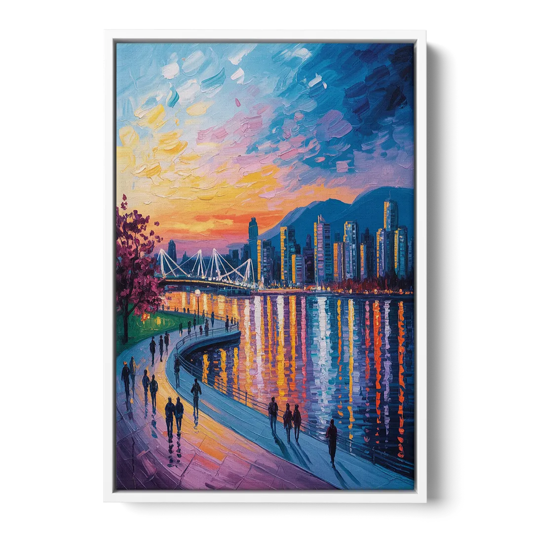 Vancouver Skyline at Dusk Front - White Canvas Wall Art