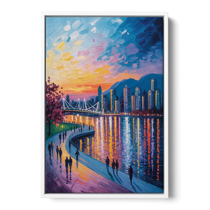 Vancouver Skyline at Dusk Front - White Canvas Wall Art
