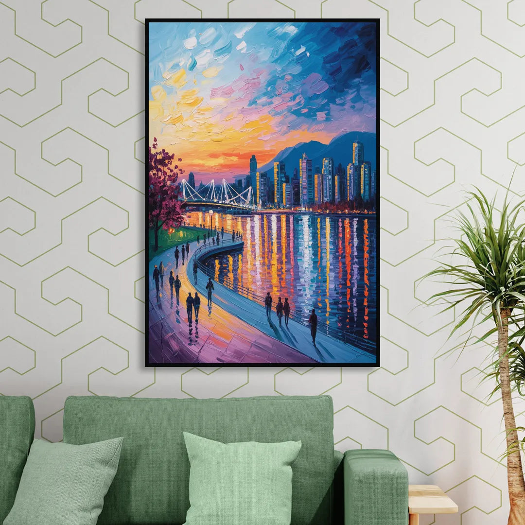 Vancouver Skyline at Dusk Living Room - Black Canvas Wall Art