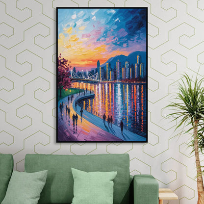 Vancouver Skyline at Dusk Living Room - Black Canvas Wall Art