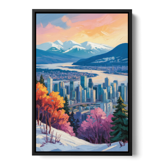 Vancouver Snowy Mountains - Black Framed Canvas Wall Art - Front