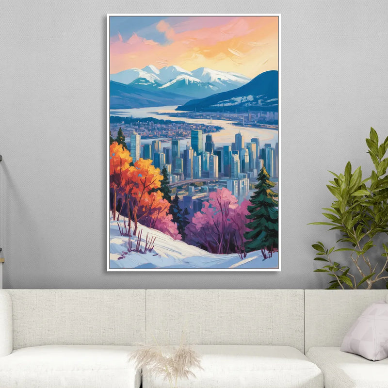 Vancouver Snowy Mountains Living Room - White Canvas Wall Art