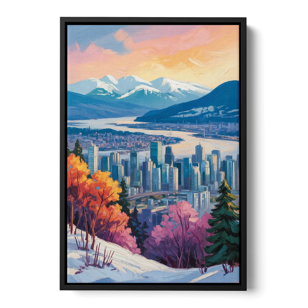 Vancouver Snowy Mountains Front - Black Canvas Wall Art