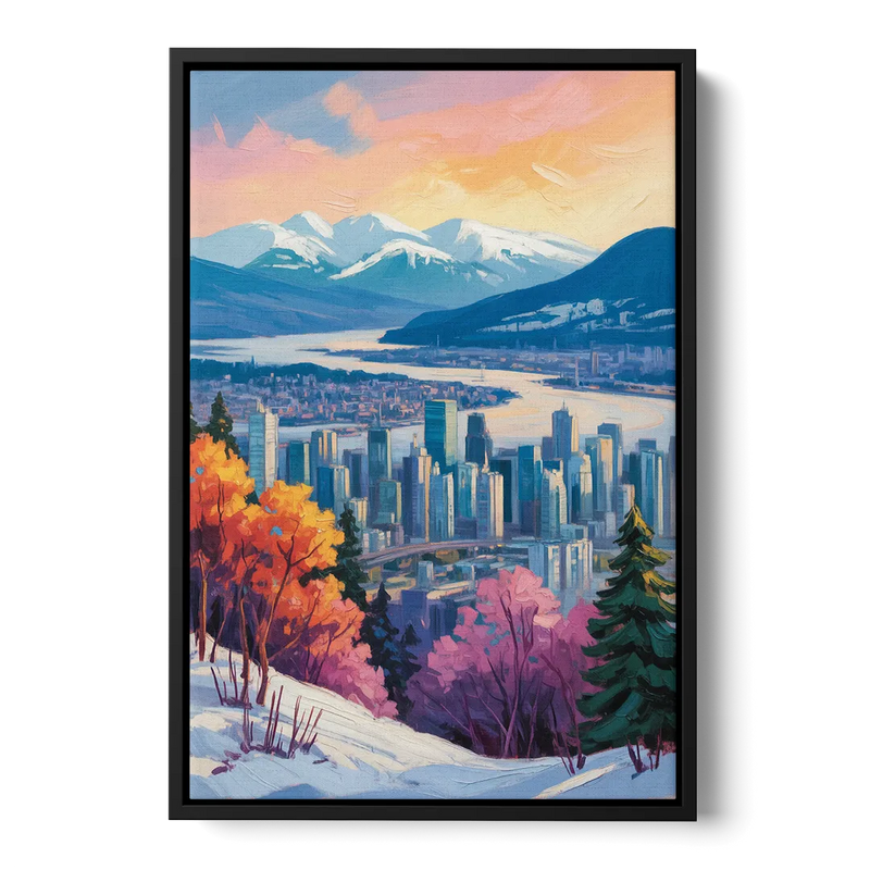 Vancouver Snowy Mountains Front - Black Canvas Wall Art