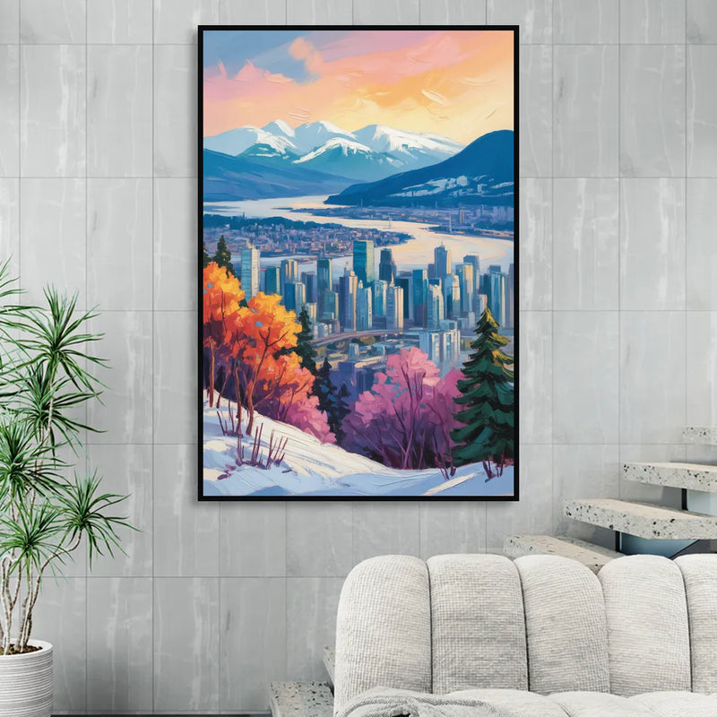 Vancouver Snowy Mountains Living Room - Black Canvas Wall Art