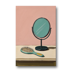Vanity Wall Art with Round Mirror and Hairbrush - Canvas Wall Art - Front
