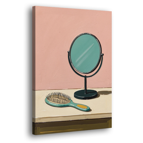 Vanity Wall Art with Round Mirror and Hairbrush - Canvas Wall Art - Side