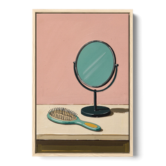 Vanity Wall Art with Round Mirror and Hairbrush - Oak Framed Canvas Wall Art - Front