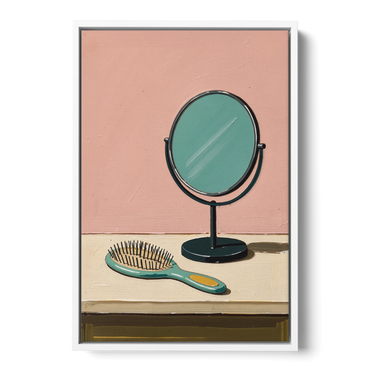 Vanity Wall Art with Round Mirror and Hairbrush - White Framed Canvas Wall Art - Front