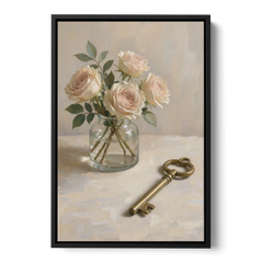 Vase of Flowers Painting with a Brass Key - Black Framed Canvas Wall Art - Front