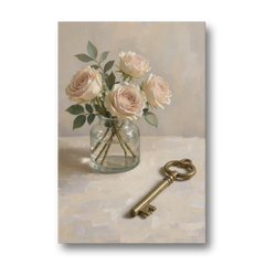 Vase of Flowers Painting with a Brass Key - Canvas Wall Art - Front