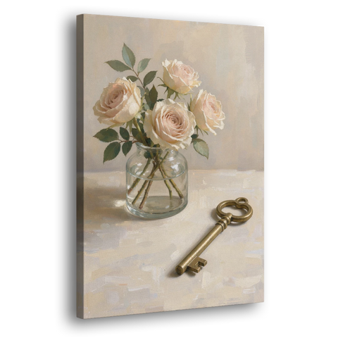 Vase of Flowers Painting with a Brass Key - Canvas Wall Art - Side
