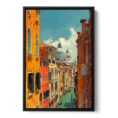 Venice Canal Painting with a Distant Dome - Black Framed Canvas Wall Art - Front