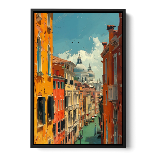 Venice Canal Painting with a Distant Dome - Black Framed Canvas Wall Art - Front