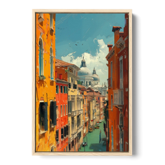 Venice Canal Painting with a Distant Dome - Oak Framed Canvas Wall Art - Front