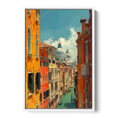 Venice Canal Painting with a Distant Dome - White Framed Canvas Wall Art - Front