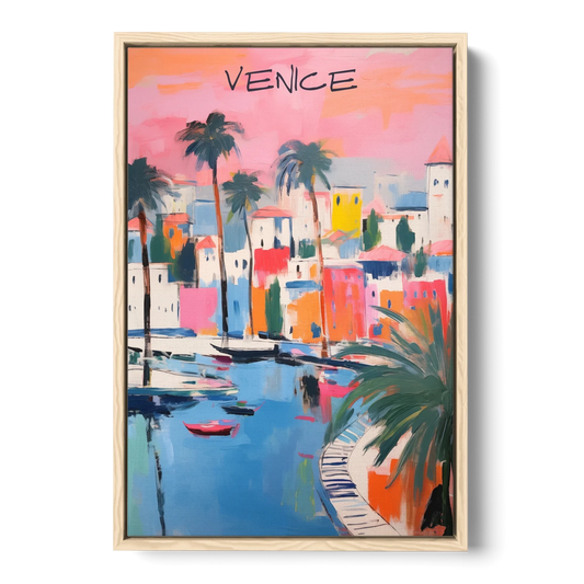 Venice Wall Art Under a Pink Sky - Oak Framed Canvas Wall Art - Front