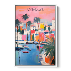 Venice Wall Art Under a Pink Sky - White Framed Canvas Wall Art - Front