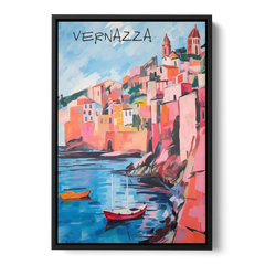 Vernazza Painting with Red Boats - Black Framed Canvas Wall Art - Front
