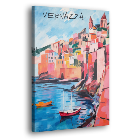 Vernazza Painting with Red Boats - Canvas Wall Art - Side