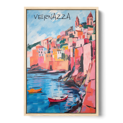 Vernazza Painting with Red Boats - Oak Framed Canvas Wall Art - Front