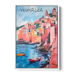 Vernazza Painting with Red Boats - White Framed Canvas Wall Art - Front