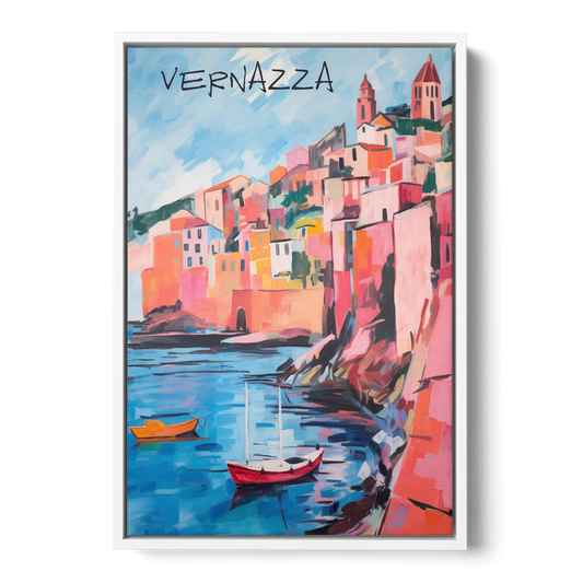Vernazza Painting with Red Boats - White Framed Canvas Wall Art - Front