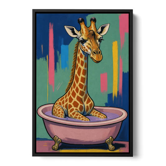 Vertical Bathroom Wall Art of a Bathing Giraffe - Black Framed Canvas Wall Art - Front