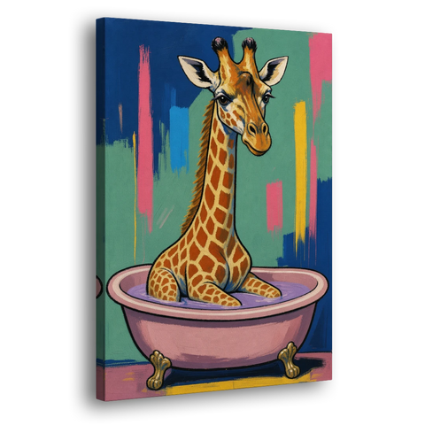 Vertical Bathroom Wall Art of a Bathing Giraffe - Canvas Wall Art - Side