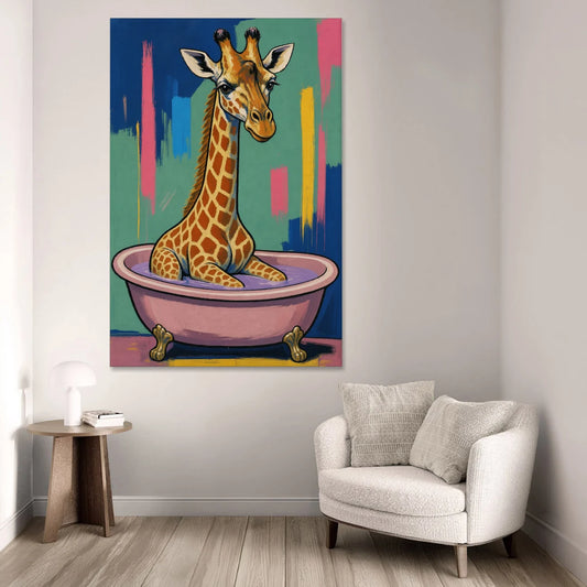 Vertical Bathroom Wall Art of a Bathing Giraffe - Canvas Wall Art - Sofa - 40x60