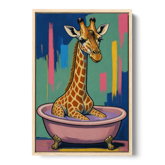 Vertical Bathroom Wall Art of a Bathing Giraffe - Oak Framed Canvas Wall Art - Front
