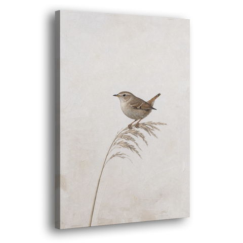 Vertical Wall Art Wren on a Dried Grass Stem - Canvas Wall Art - Side