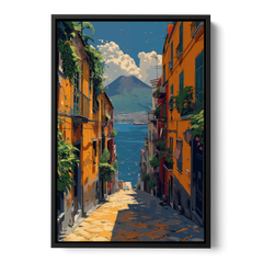 Vesuvius Painting from a Naples Alley - Black Framed Canvas Wall Art - Front