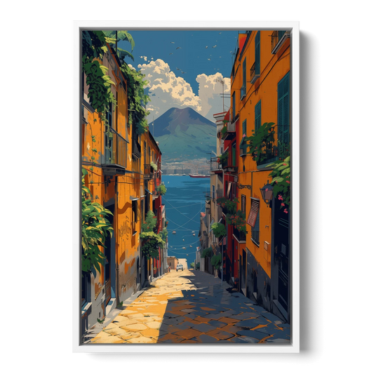 Vesuvius Painting from a Naples Alley - White Framed Canvas Wall Art - Front