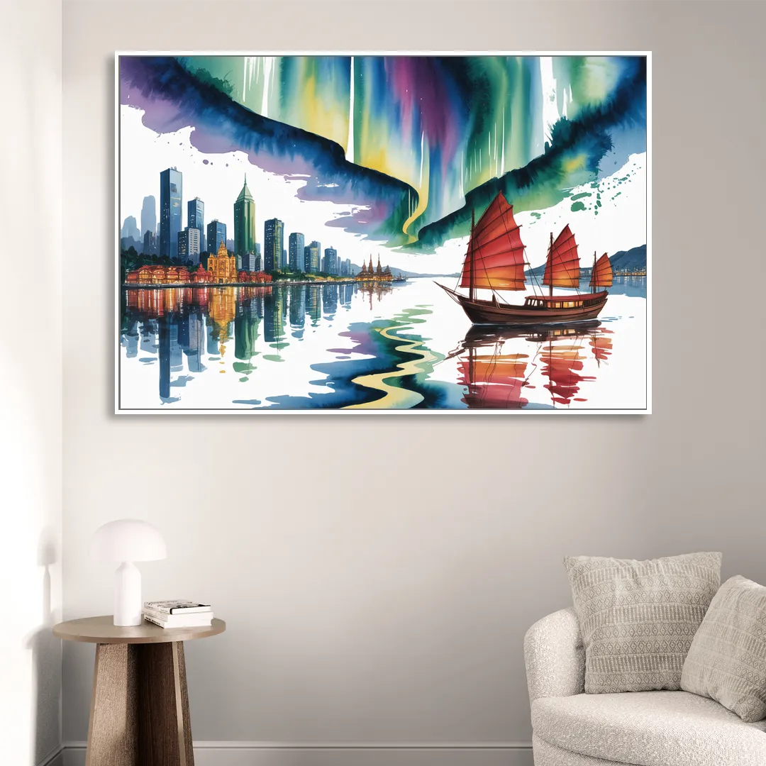 Victoria Harbour Lights Sitting Room - White Canvas Wall Art