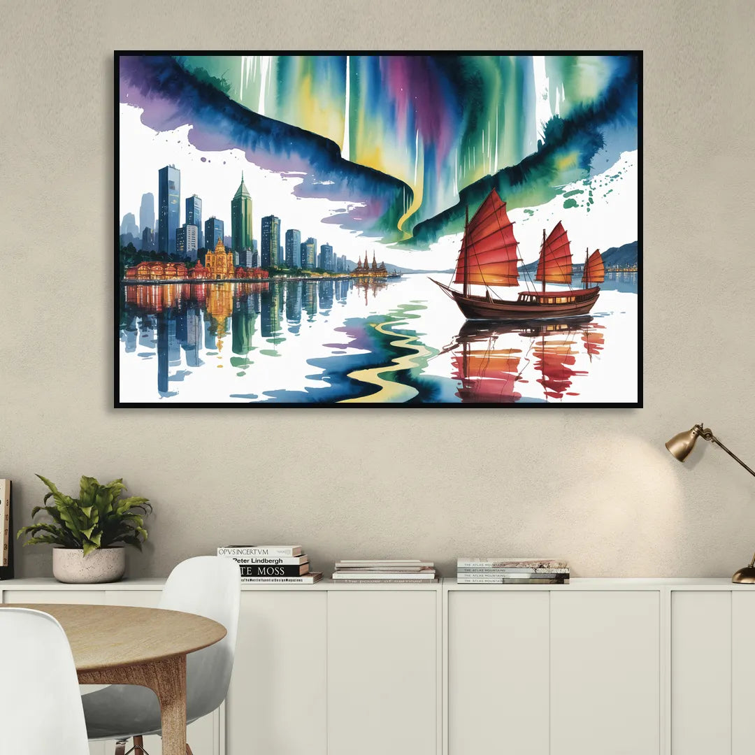 Victoria Harbour Lights Sitting Room - Black Canvas Wall Art