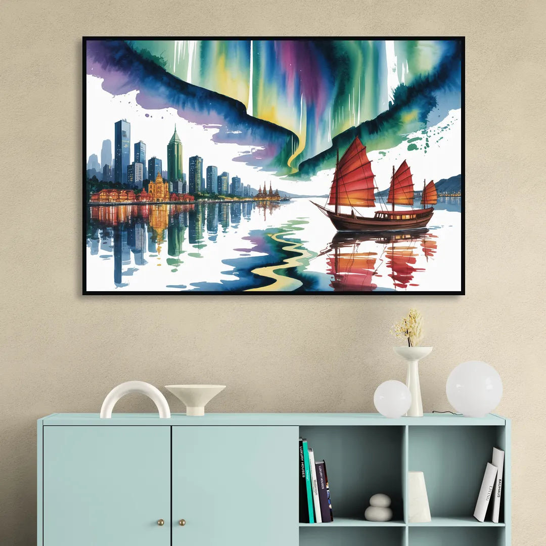 Victoria Harbour Lights Living Room - Black Canvas Wall Art
