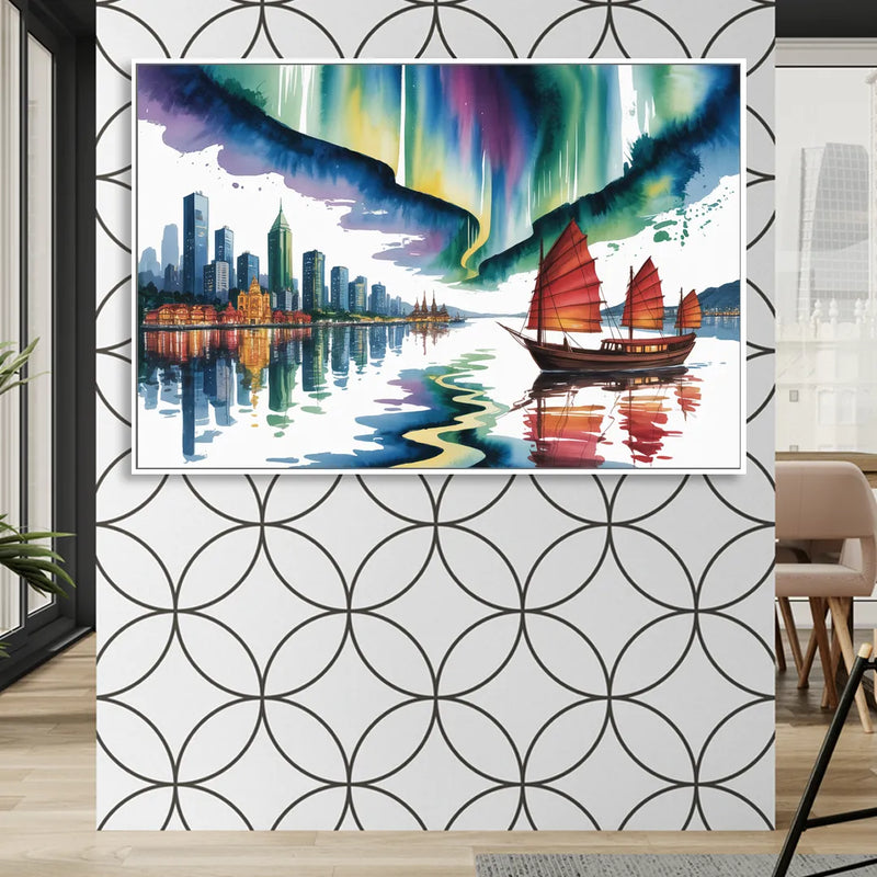 Victoria Harbour Lights Living Room - White Canvas Wall Art