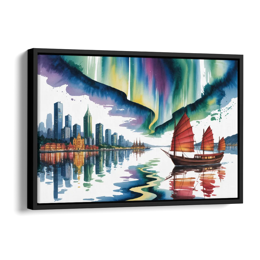 Victoria Harbour Lights Side - Black Canvas Wall Art