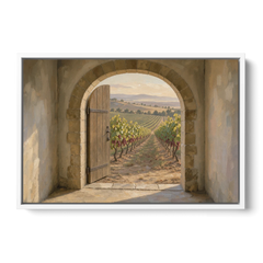 Vineyard Canvas Painting Through the Cellar Door - White Framed Canvas Wall Art - Front