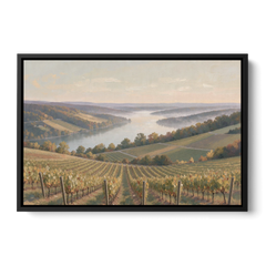 Vineyard Decor with Misty Glacial Lake Morning - Black Framed Canvas Wall Art - Front