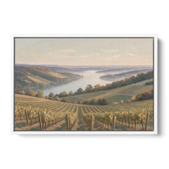 Vineyard Decor with Misty Glacial Lake Morning - White Framed Canvas Wall Art - Front